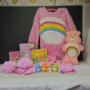 Care Bear costume/pj's 3T-4T vintage stuffed cloth bear books and Dvd 4 Figures